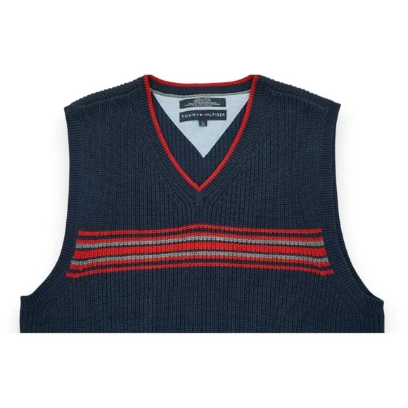 Vintage 90s‎ Tommy Hilfiger Sweater VestMen's Size L Ribbed KnitBlue V- Neck